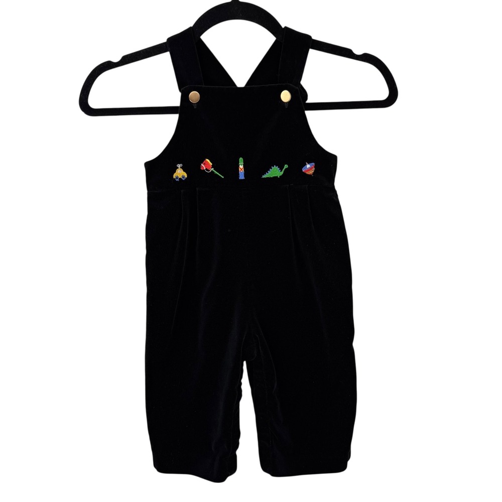 Vintage Florence Eiseman Baby Overalls 24M Black‎ Velvet Toy Embroidered Romper